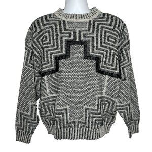 Vintage 90s Chia Pullover Sweater Black White Geometric Leather Trim